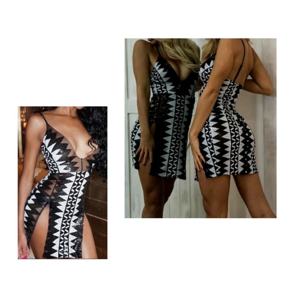 Geometric Deep Plunge V-Neck Sheer Split Bodycon Sequin Party Club Dress Sz M